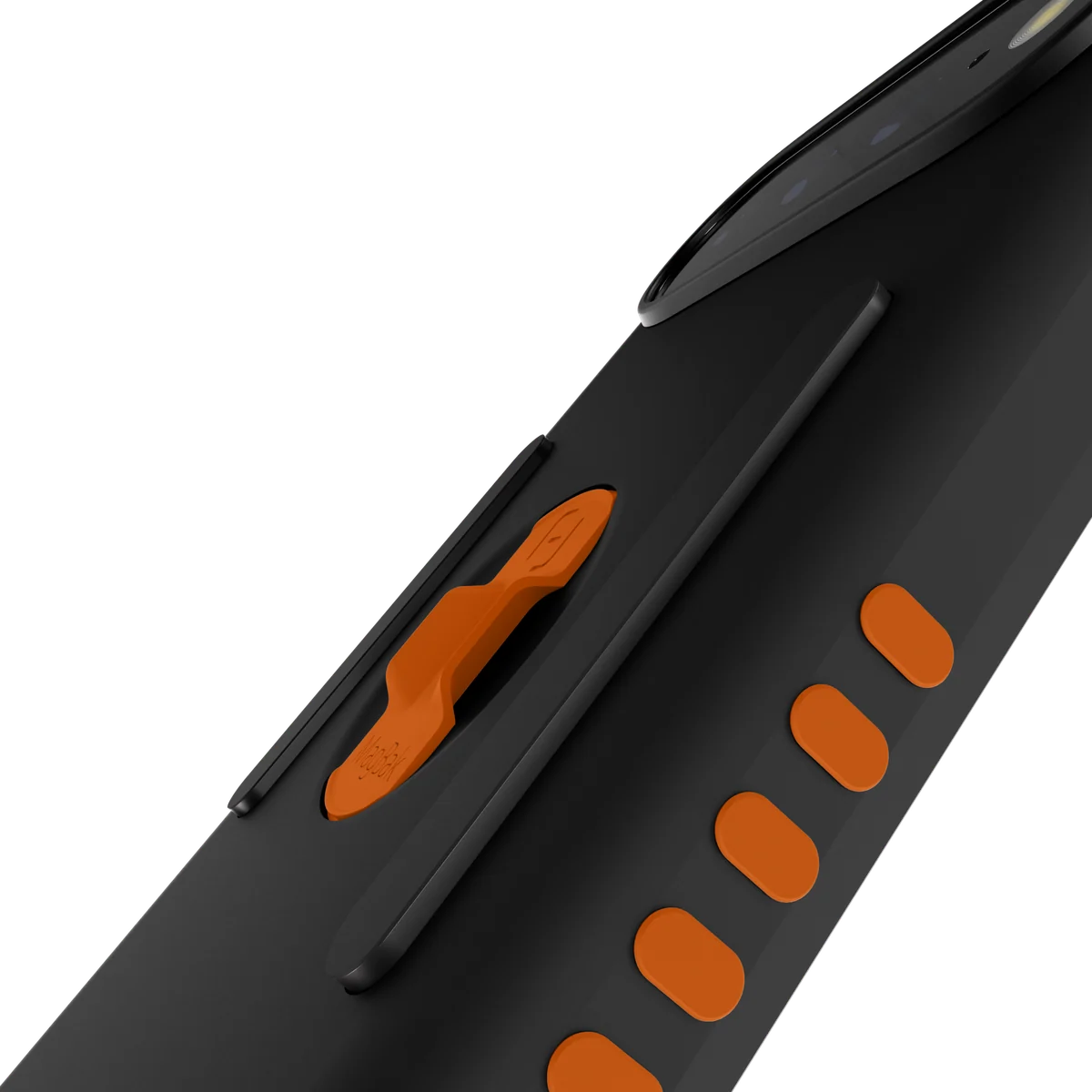 Telescoping magnets on a black Pixel 11 Elite Case with orange accents