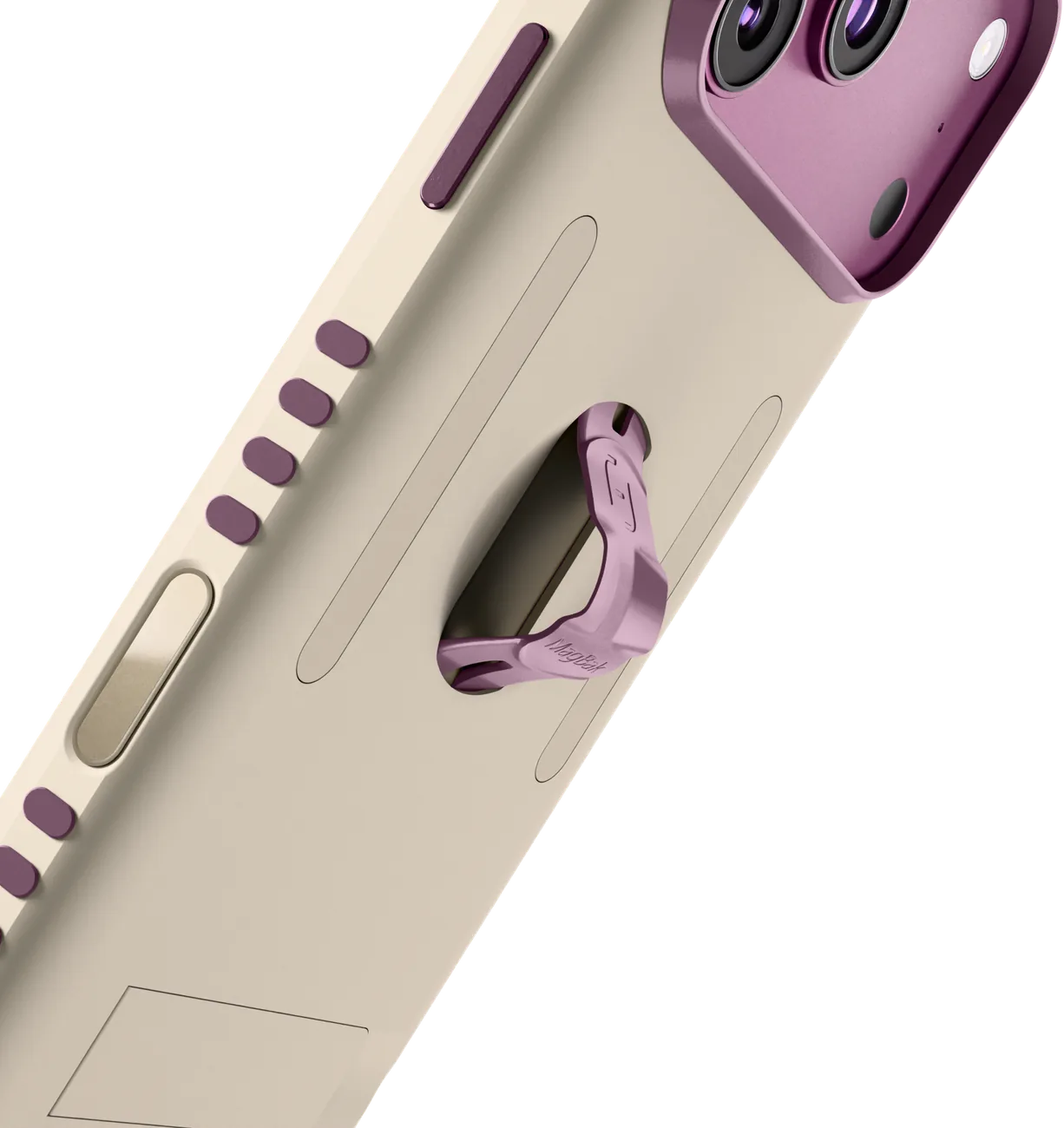 Integrated finger loop folded out from a beige Elite Case