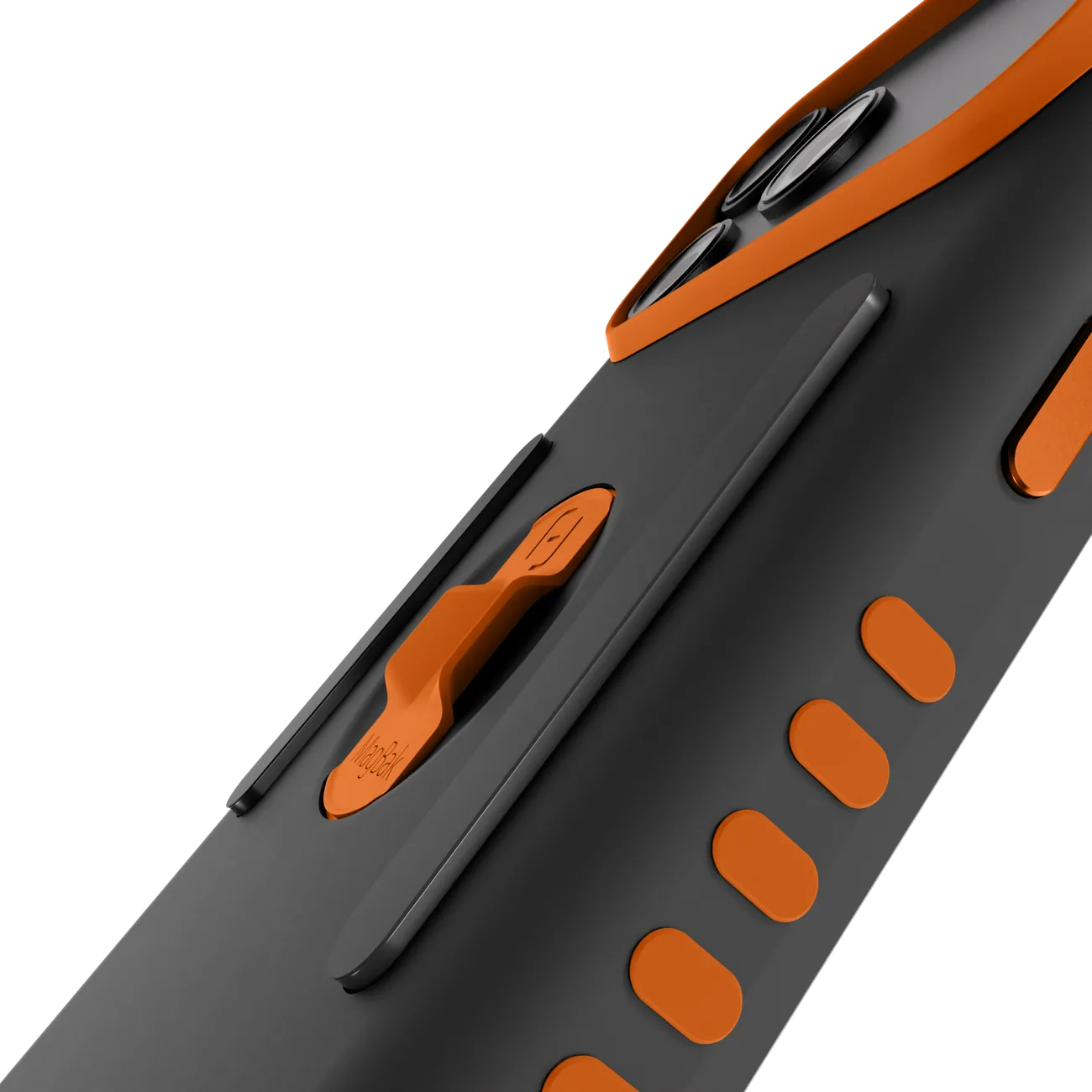 Telescoping magnets on a black Elite Case with orange accents